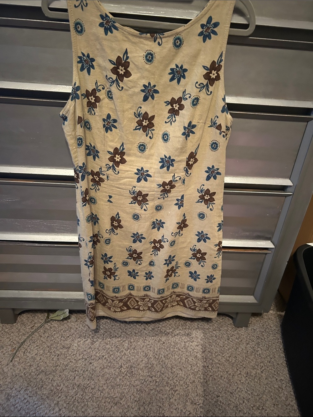 Cream Floral Sleeveless Dress with Blue & Brown Print